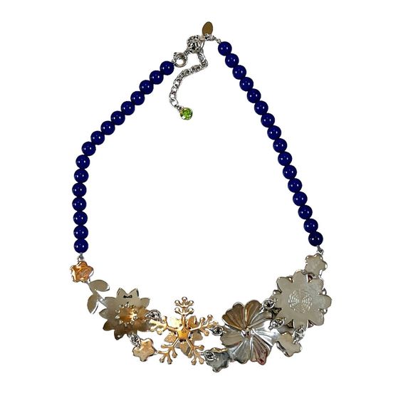 Lia Sophia 3D Flower Rhinestone Statement Bib Necklace w Blue Beads Silvertone - Picture 6 of 11